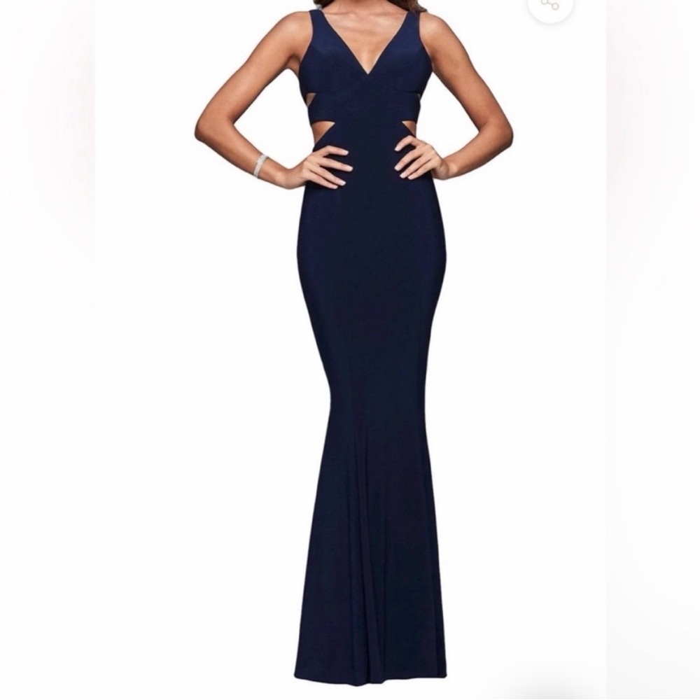 Faviana Navy Backless Evening Dress